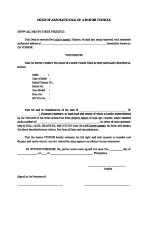Sample Deed of Absolute Sale of a Motor Vehicle